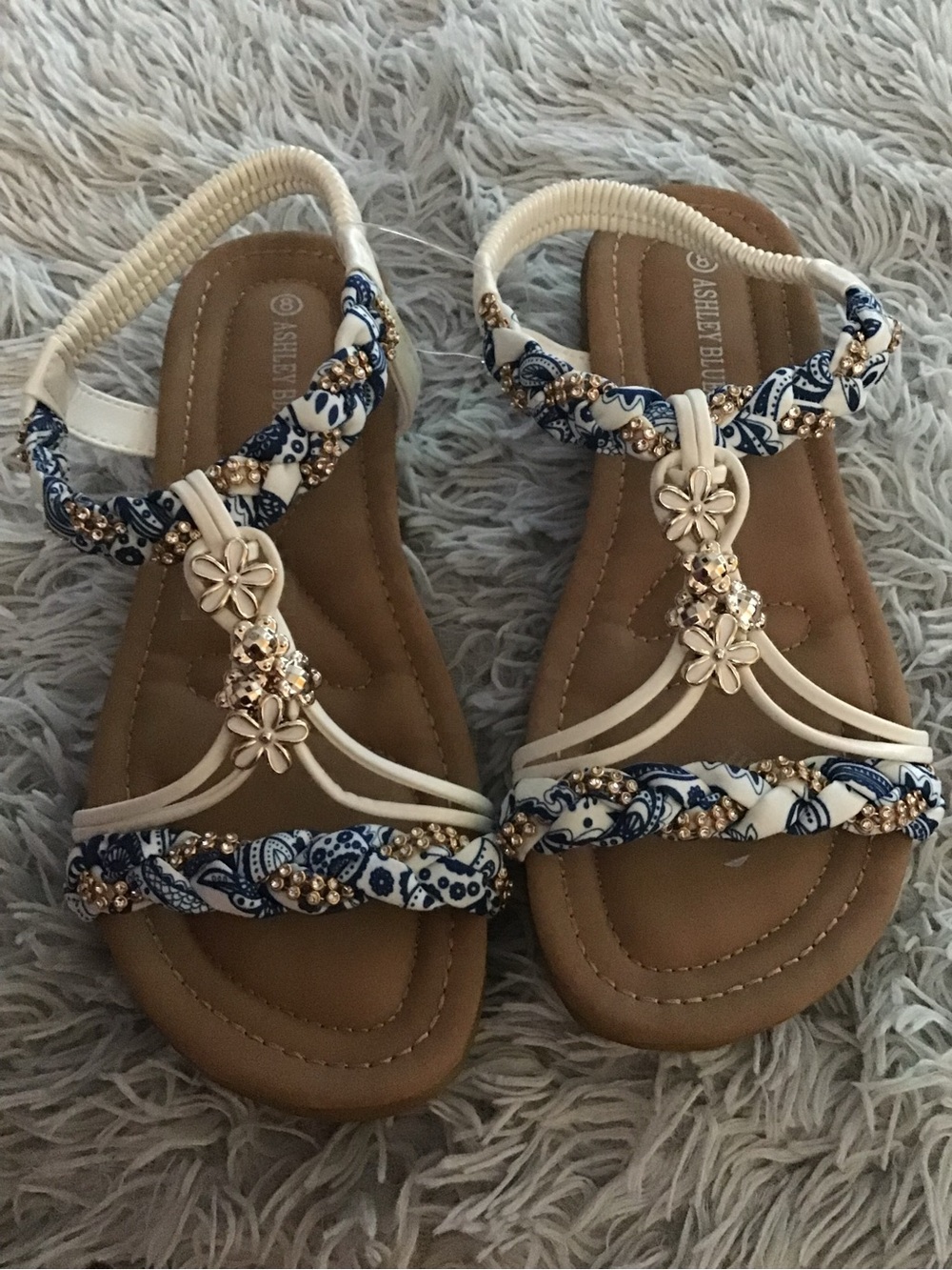 Ashley Blue Cream and Blue Embellished Braided T-Strap Sandals for Women